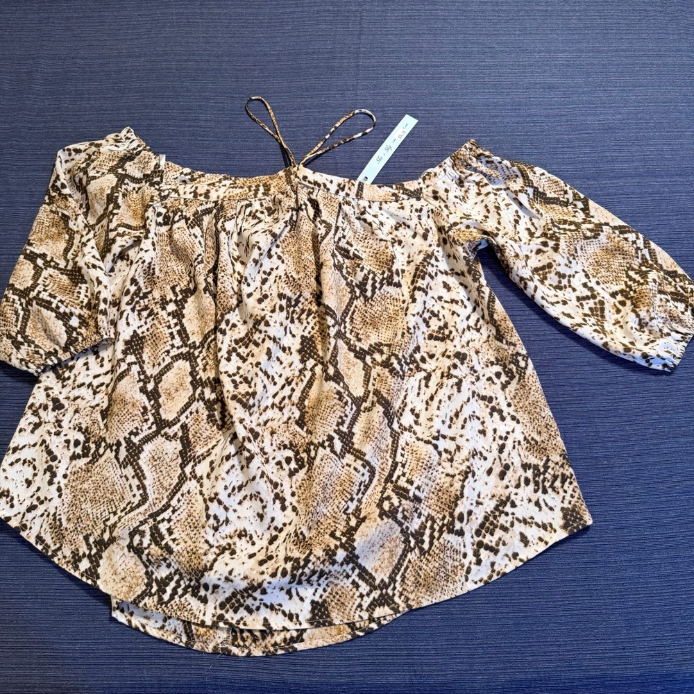 She + Sky Womens Snakeskin Off The Shoulder Halter Tie Blouse Brown Tan SS1216 M